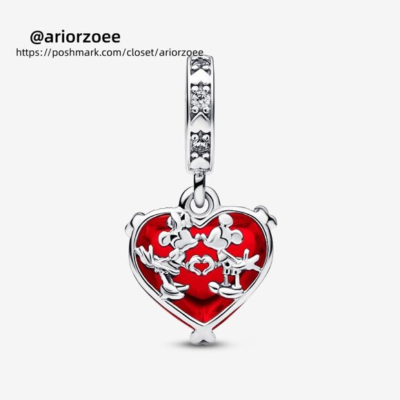 Pandora Disney Mickey & Minnie Mouse Kiss Red Murano Glass Dangle Charm - Picture 2 of 5